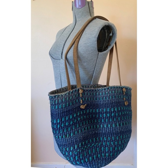 Handbags - Handwoven Sisal Tote Bag Blue Teal Pattern Leather Straps